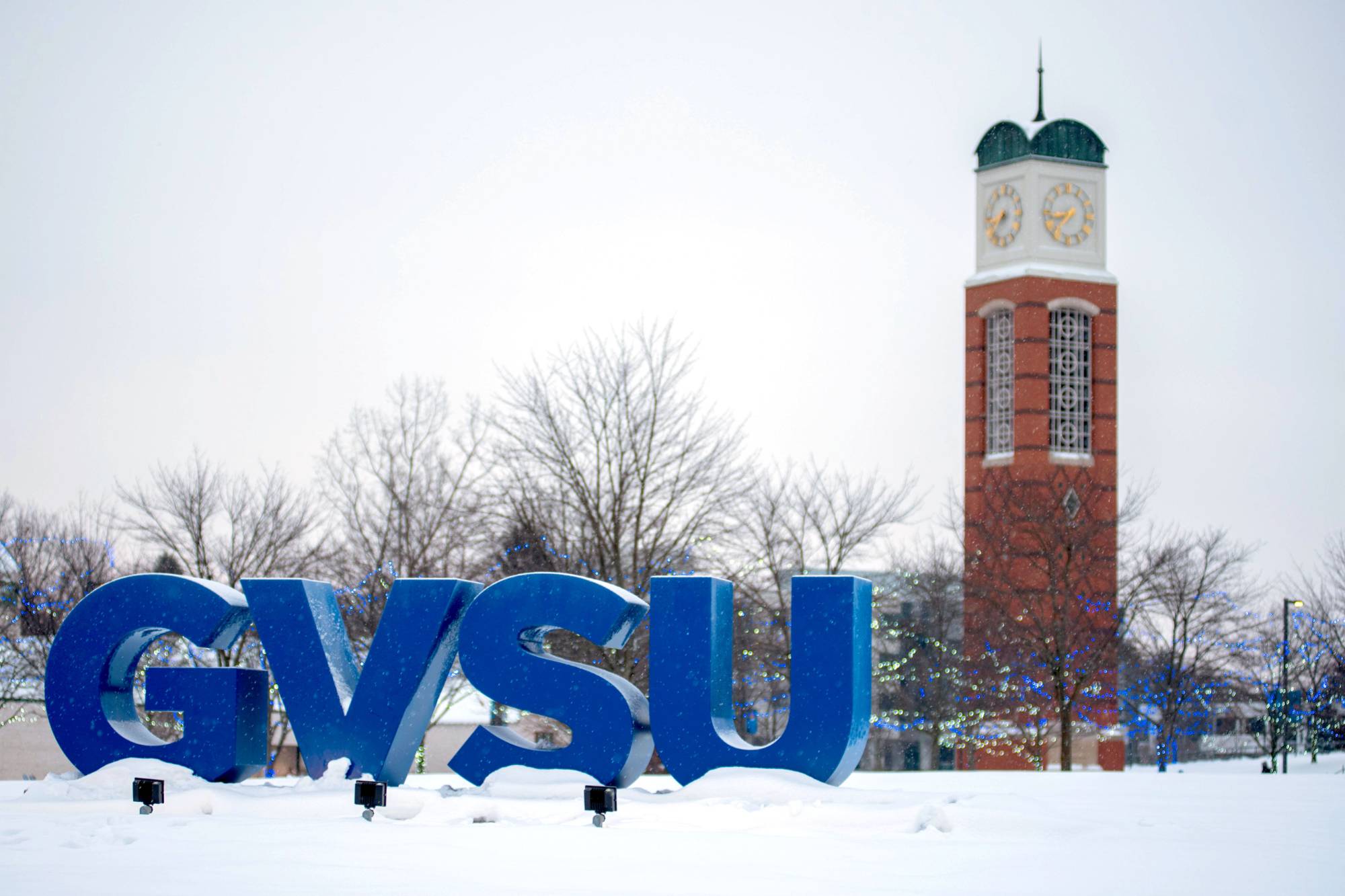 GVSU Letters and Cook Carillon Clock Tower
